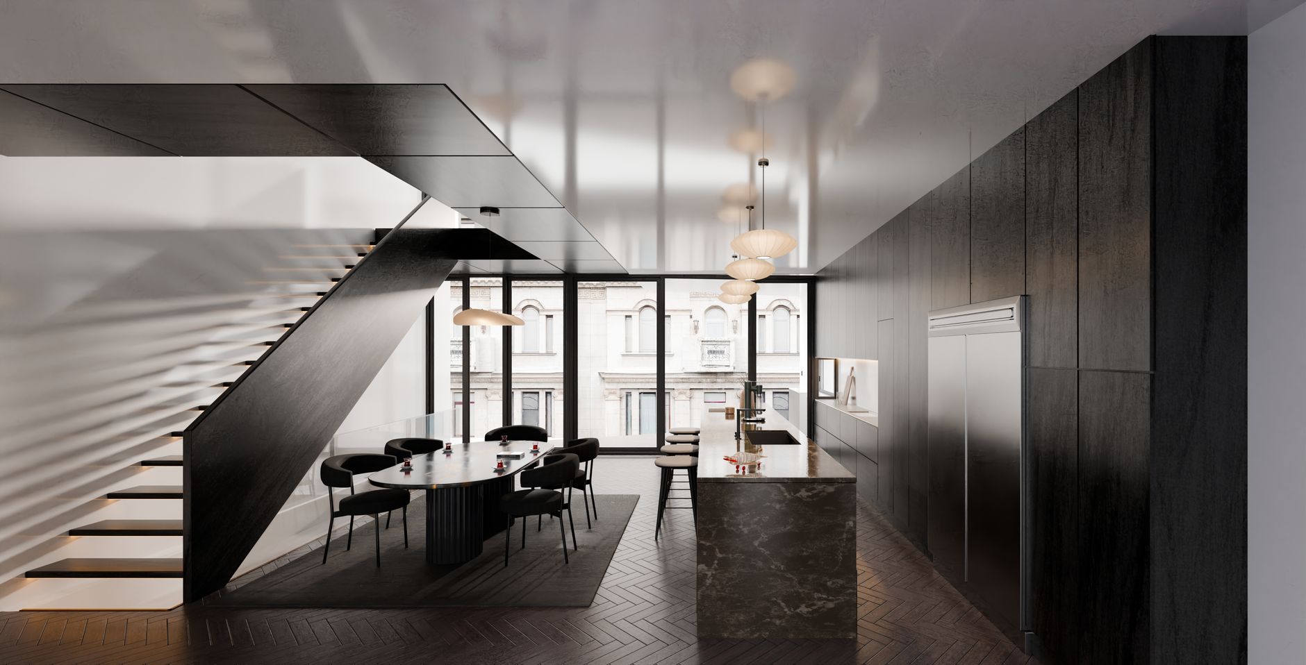 Strak interieur met trap en visgraatvloer